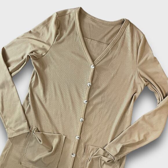 EARTHY BOHO HIPPIE MOD BOUTIQUE VNECK HIGH LOW RIBBED DRESS TAN M - Picture 3 of 8